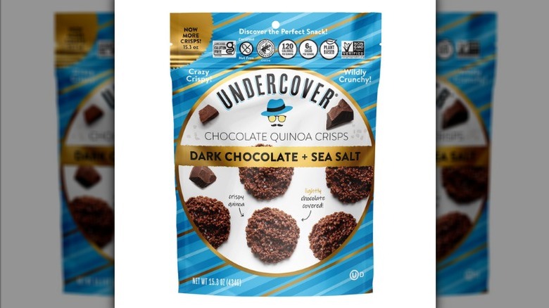 Undercover chocolate dark chocolate quinoa crisps in product packaging bag.
