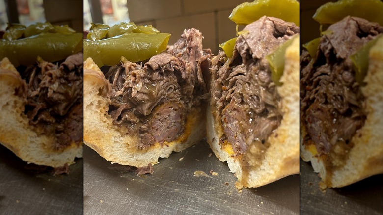 Close-up of an Italian beef sandwich from Bari Italian Subs with green peppers