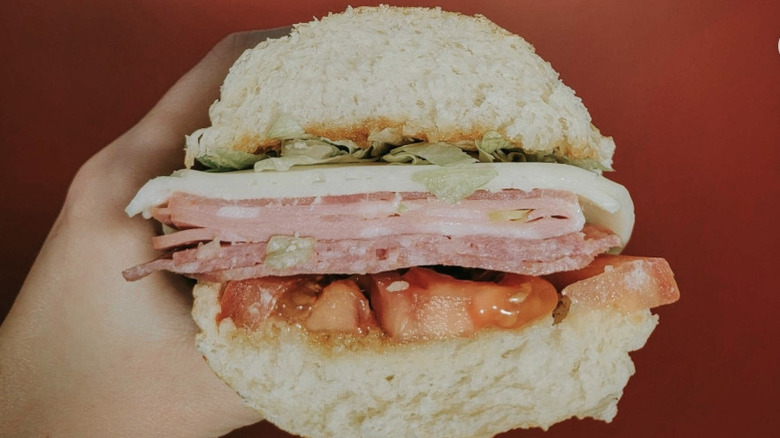 Hand holding The Caputo sandwich from Caputo's Market and Deli against a red background