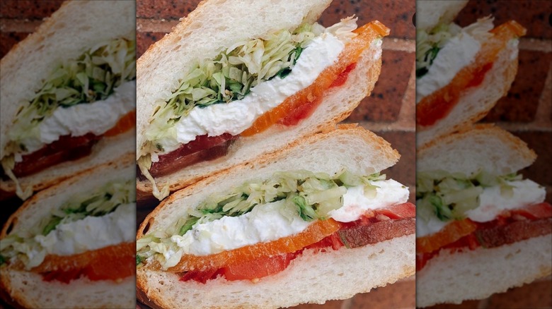Close-up of a buffalo mozzarella sandwich from J.P. Graziano Grocery Company