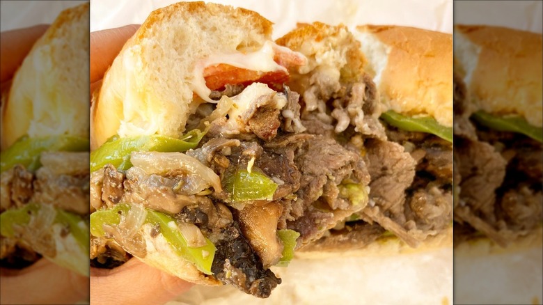 Close-up of a custom rib-eye sandwich from Mario's Italian Deli & Market
