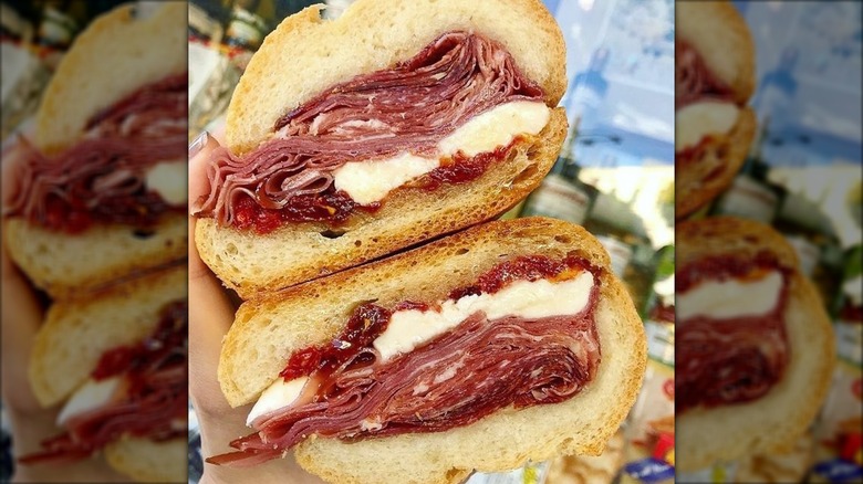 Close-up of the Renzo special sandwich with meat and cheese from Molinari Delicatessen