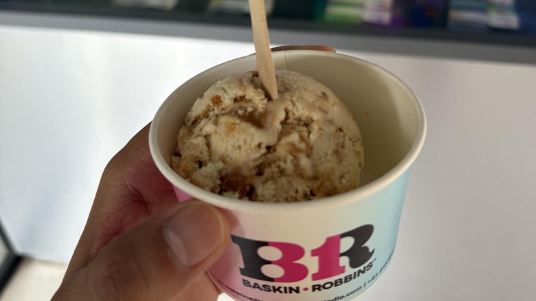 A person holding a small container of Baskin-Robbins ice cream with a wooden spoon stuck in it