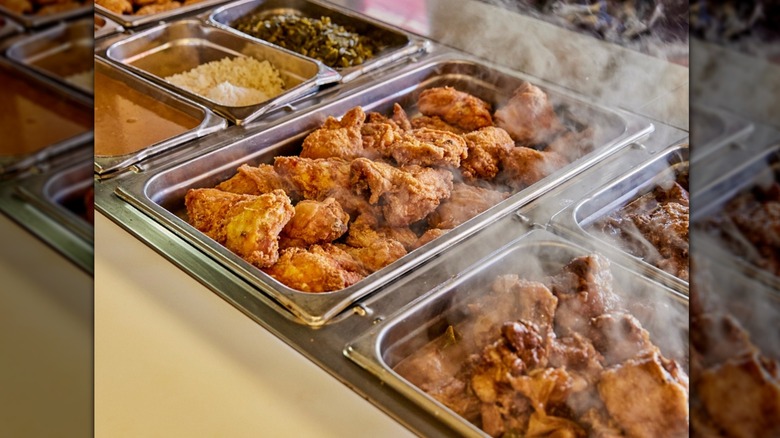 Buffet trays with fried chicken and sides
