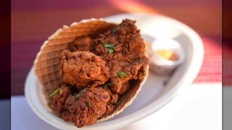 Fried chicken in a waffle cone