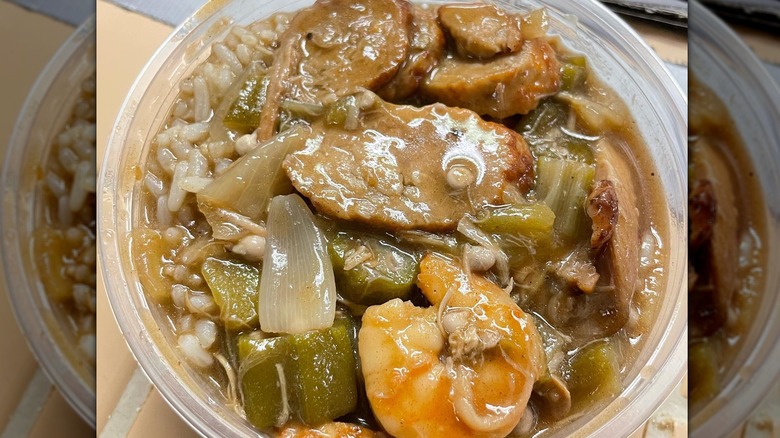 Shrimp gumbo in a takeout container