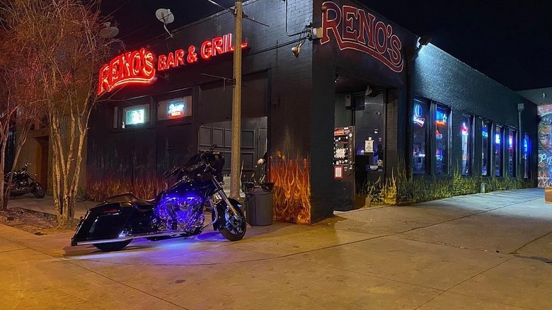 Motorcycle in front of Reno's Chop Shop Saloon
