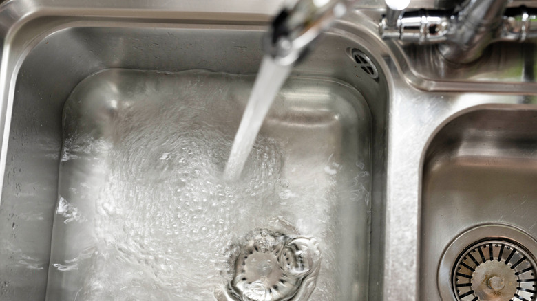 A kitchen sink is filled with clean water from the tap
