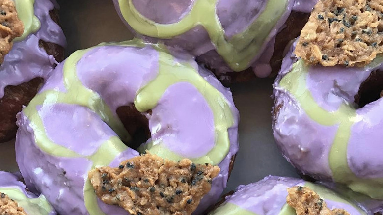 close up of decorated donuts