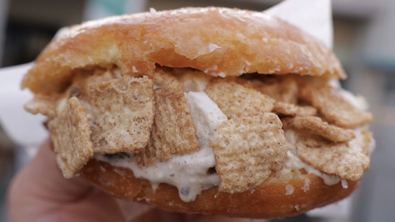 close up of donut sandwich