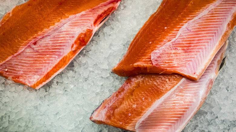 Fresh sockeye salmon filets on ice in Seattle
