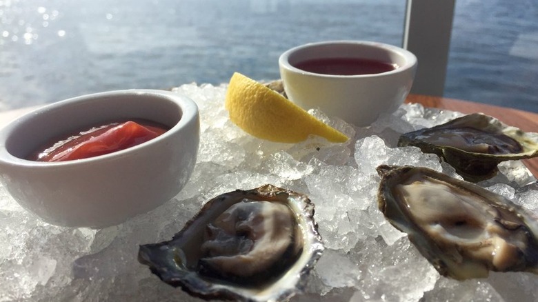 Oysters on ice with Seattle bay in background