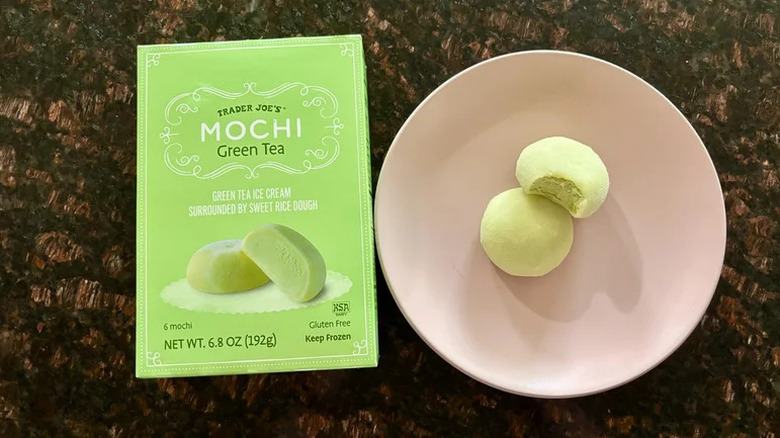 Green Tea Mochi on pink plate