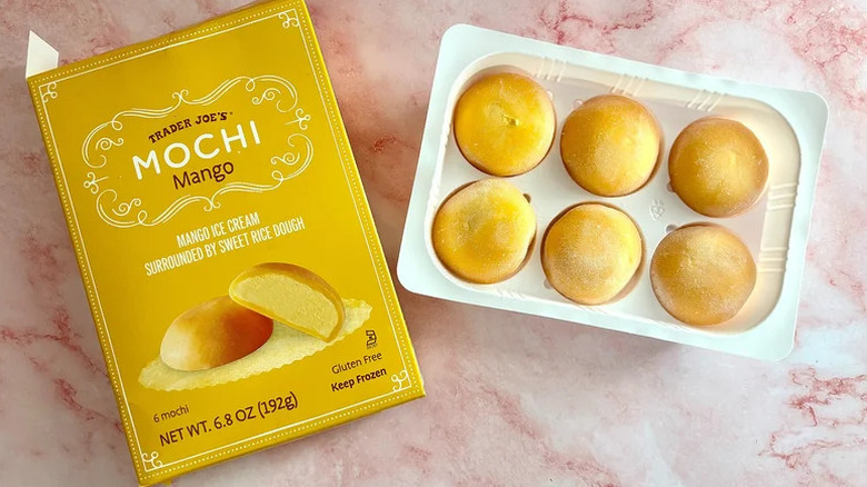 Trader Joe's Mango Mochi on pink countertop