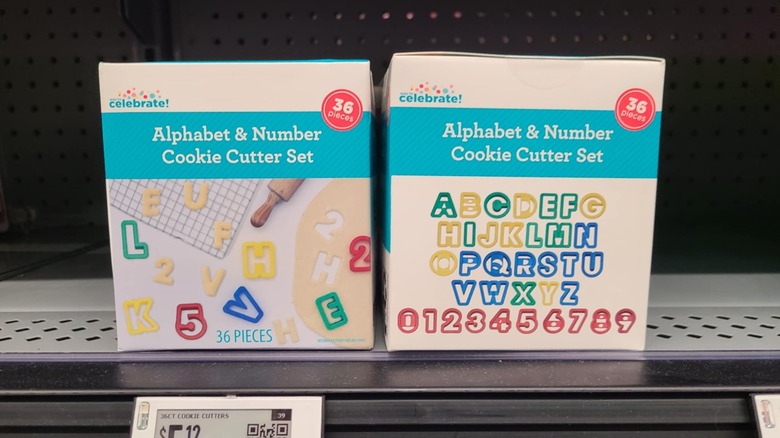 Boxes of alphabet and number cookie cutter sets.