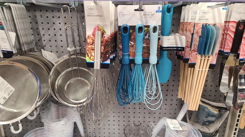 Array of whisks and other baking tools.