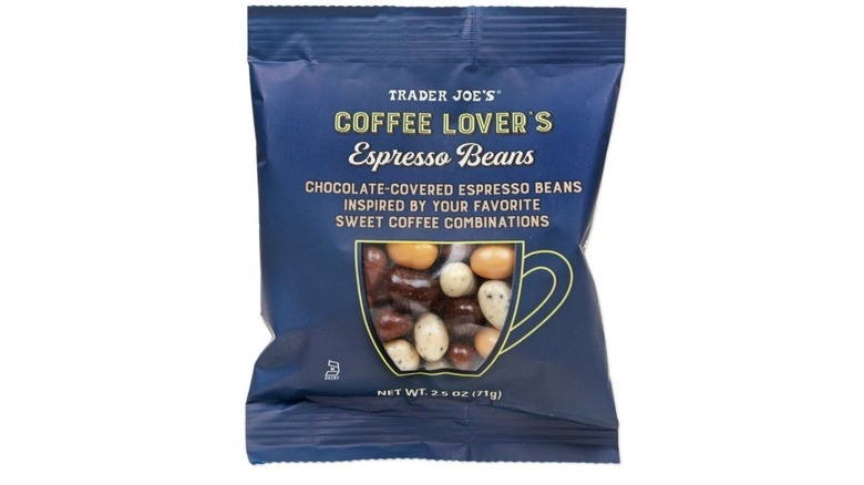 Pouch of coffee lover's espresso beans with clear window showing various colors of beans