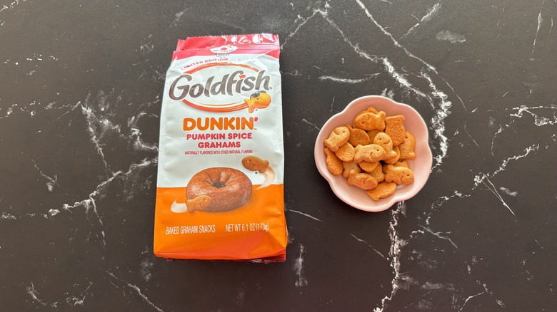 Goldfish pumpkin spice grahams package next to Goldfish grahams in small bowl