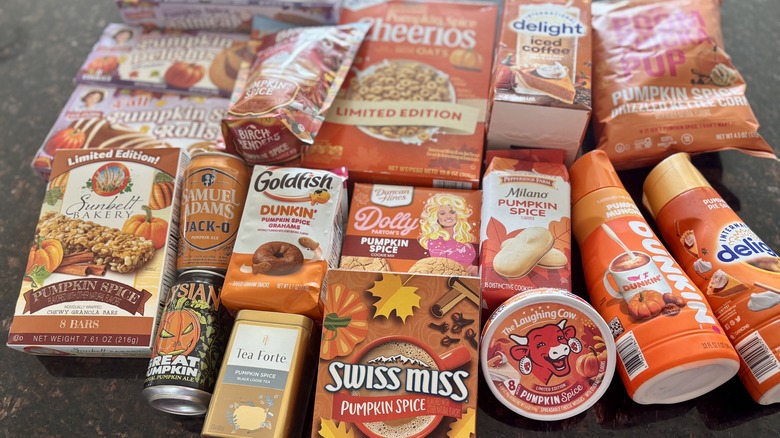 Various pumpkin spice products on countertop