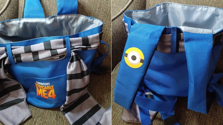 A side-by-side of the Despicable Me 4 baby carrier popcorn bucket from the front and back view