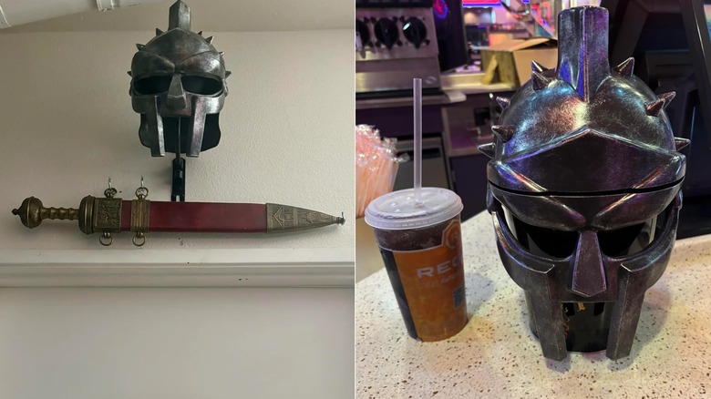 A side-by-side shows the Gladiator II helmet hanging on a wall over a sword and on a table next to a soda at a movie theater