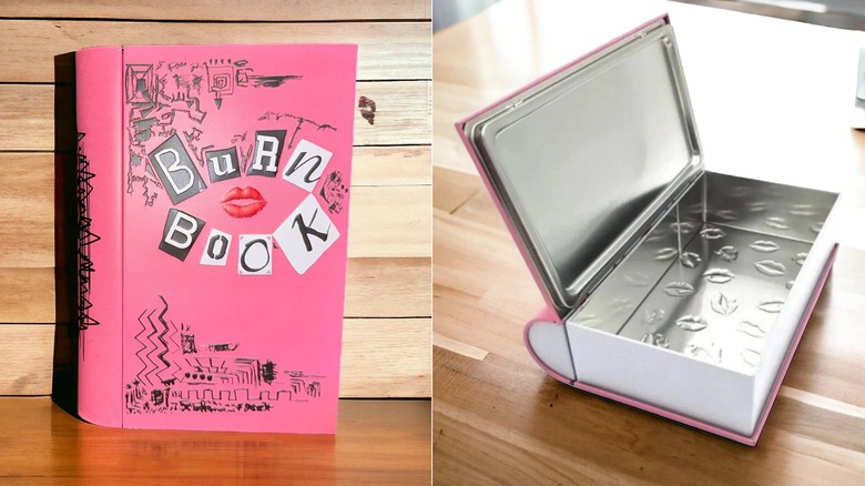 A side-by-side shows the front and open side views of the Mean Girls' Burn Book popcorn bucket
