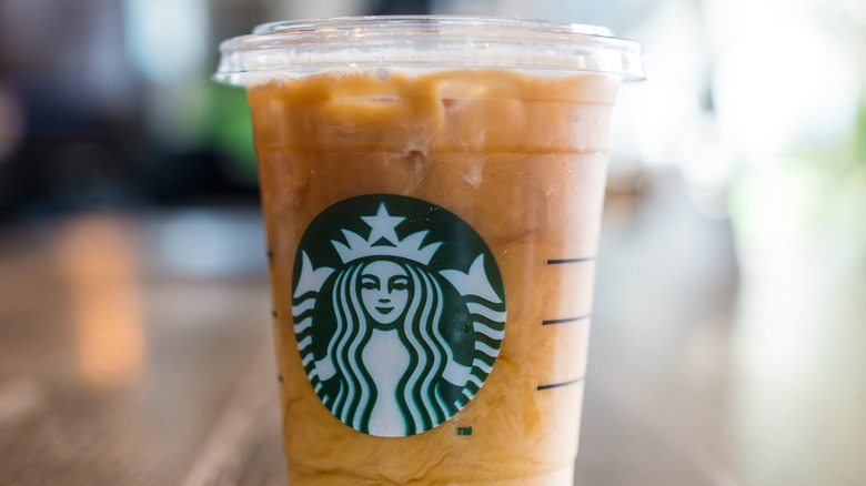 Clouse-up of Starbucks iced coffee drink in plastic to-go cup