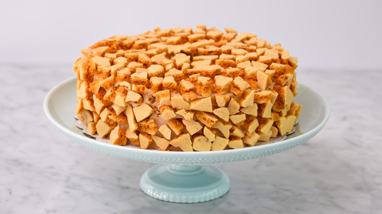 Coffee Crunch Cake on a cake stand