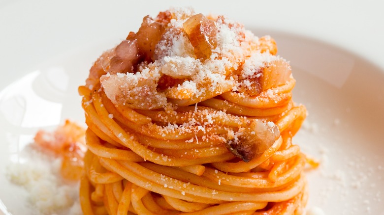 Closeup of Pasta all'Amatriciana on a a dish