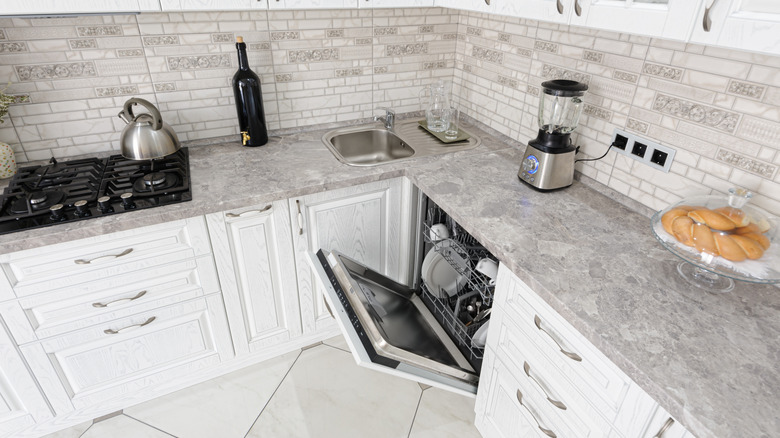 Interior of a kitchen with a high-end dishwasher and blender