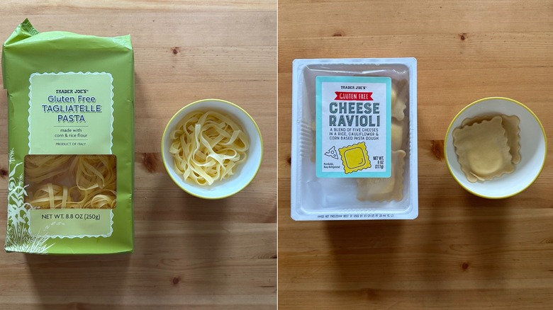 Packages of Trader Joe's Gluten Free Tagliatelle Pasta and Cheese Ravioli with some of the pasta in a bowl on each side