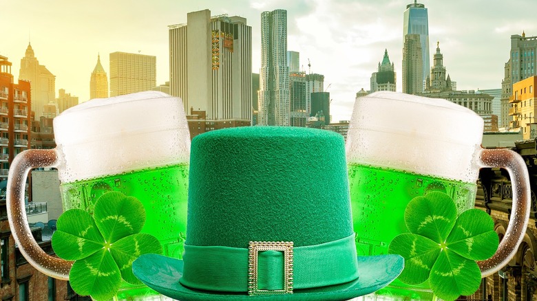 Green hat and beers by NYC skyline