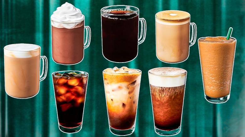 Eight coffees on green background