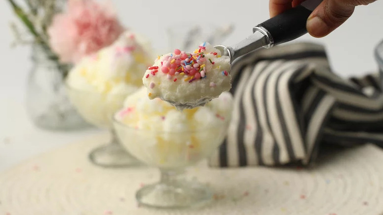 Snow cream with sprinkles on ice cream scoop