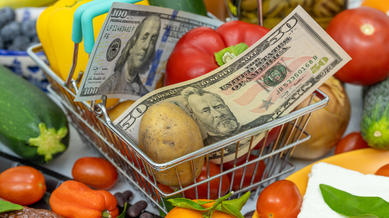 Grocery cart with 100 and 50 dollar bills