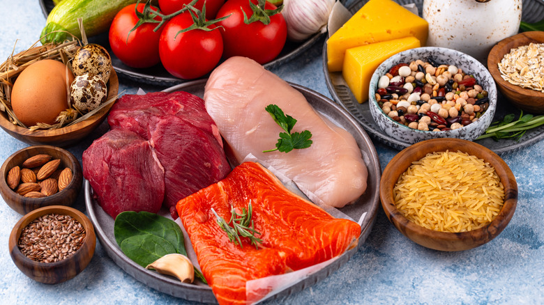 Foods rich in proteins, fats and carbs on display