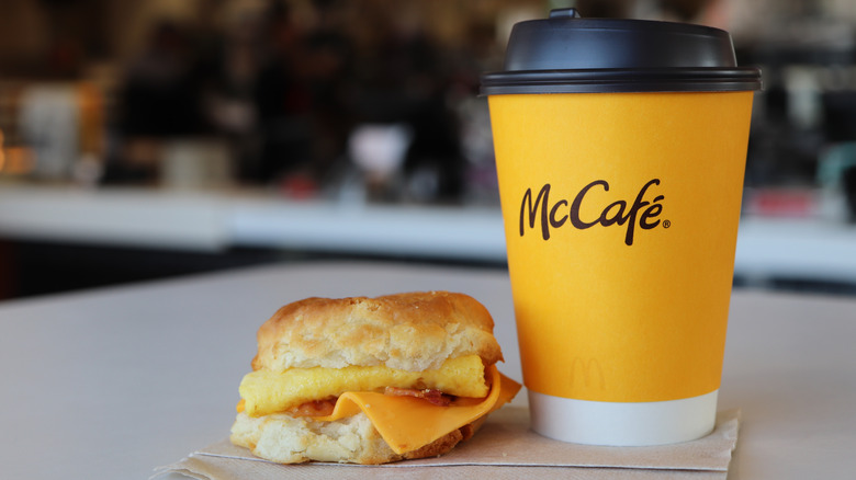 McDonald's coffee and breakfast sandwich