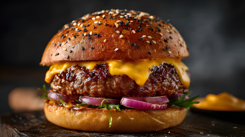 a close up of a juicy homemade cheeseburger