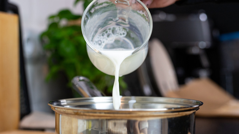 pouring milk into a pot