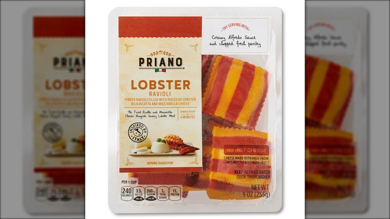 Plastic package of Priano brand striped lobster ravioli