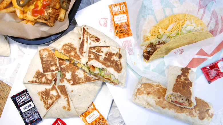 Taco Bell menu items laid out on their wrappers