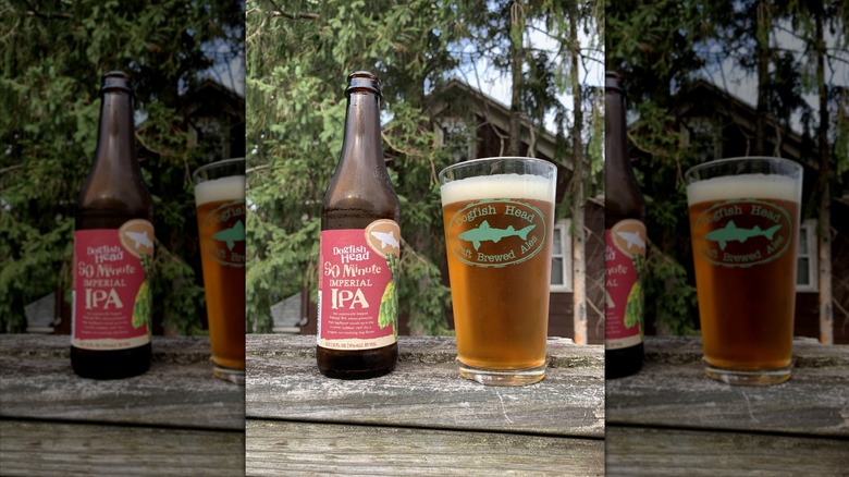 A dark glass bottle of Dogfish Head 90 Minute Imperial with a red label, next to a Dogfish Head-branded glass full of an amber-colored ale on a picnic table outdoors.