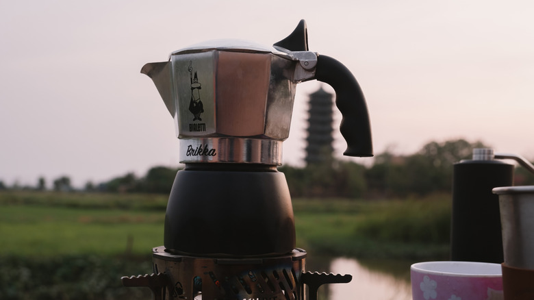 The Bialetti Brikka moka pot outdoors
