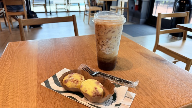 Bacon & Gruyère Egg Bites and Iced Brown Sugar Oatmilk Shaken Espresso on table