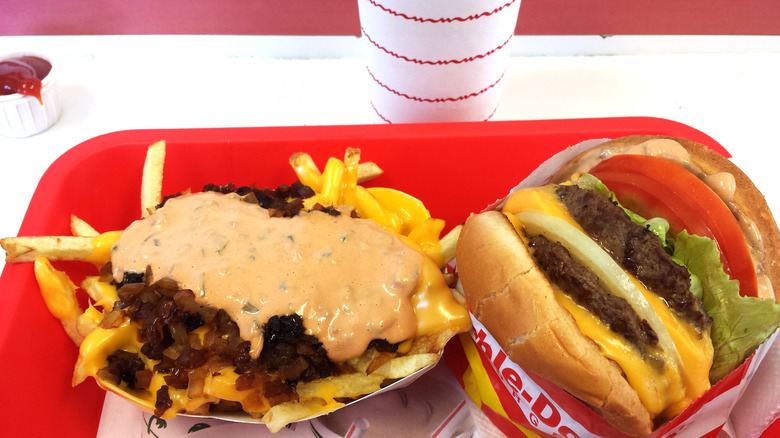 top view of an In-N-Out meal on a red tray