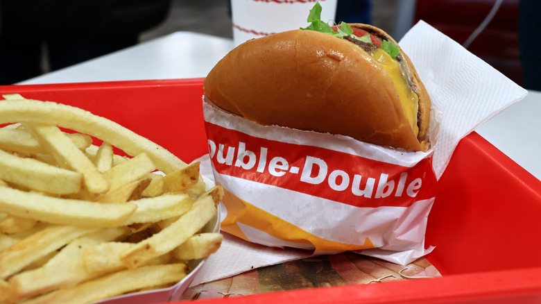 In-N-Out Double-Double Burger on a red tray