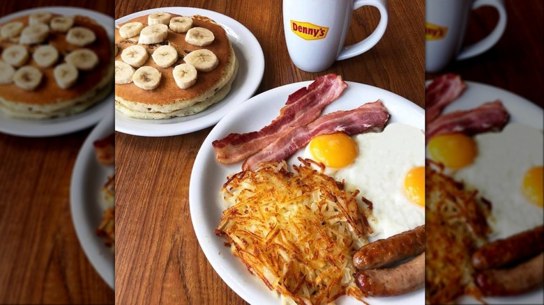 Denny's banana pecan pancake breakfast on wooden table