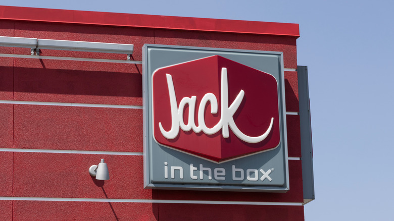 Close up of Jack in the Box logo on building