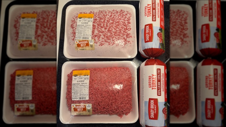 Packages of Stop & Shop brand ground beef and ground turkey.