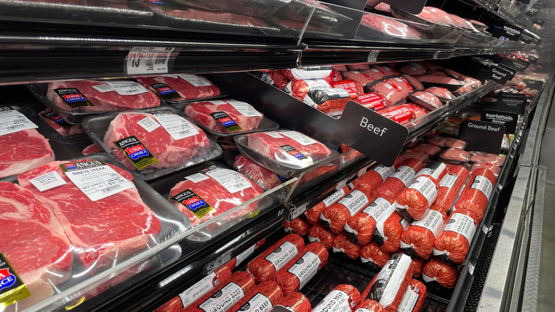 An angled view of the beef section at Walmart.